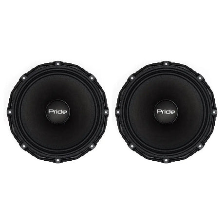 Pair of black Pride speakers shown from the front with domed center caps