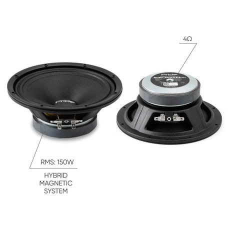 Pride Ruby Voice speaker graphic identifying 150 W RMS, 4-ohm impedance and a hybrid magnetic system