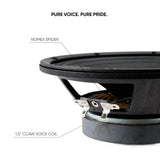 Pride speaker detail identifying a Nomex spider and 1.5-inch CCAW voice coil