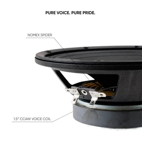 Pride speaker detail identifying a Nomex spider and 1.5-inch CCAW voice coil
