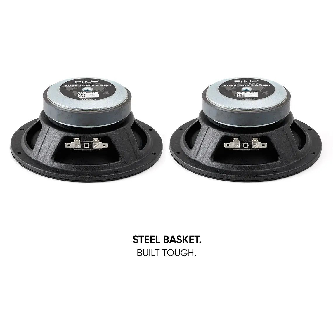 Rear angled view of two Pride speakers with a steel-basket construction callout