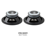 Rear angled view of two Pride speakers with a steel-basket construction callout