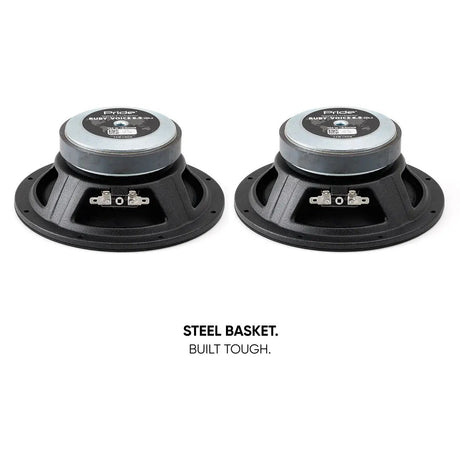 Rear angled view of two Pride speakers with a steel-basket construction callout