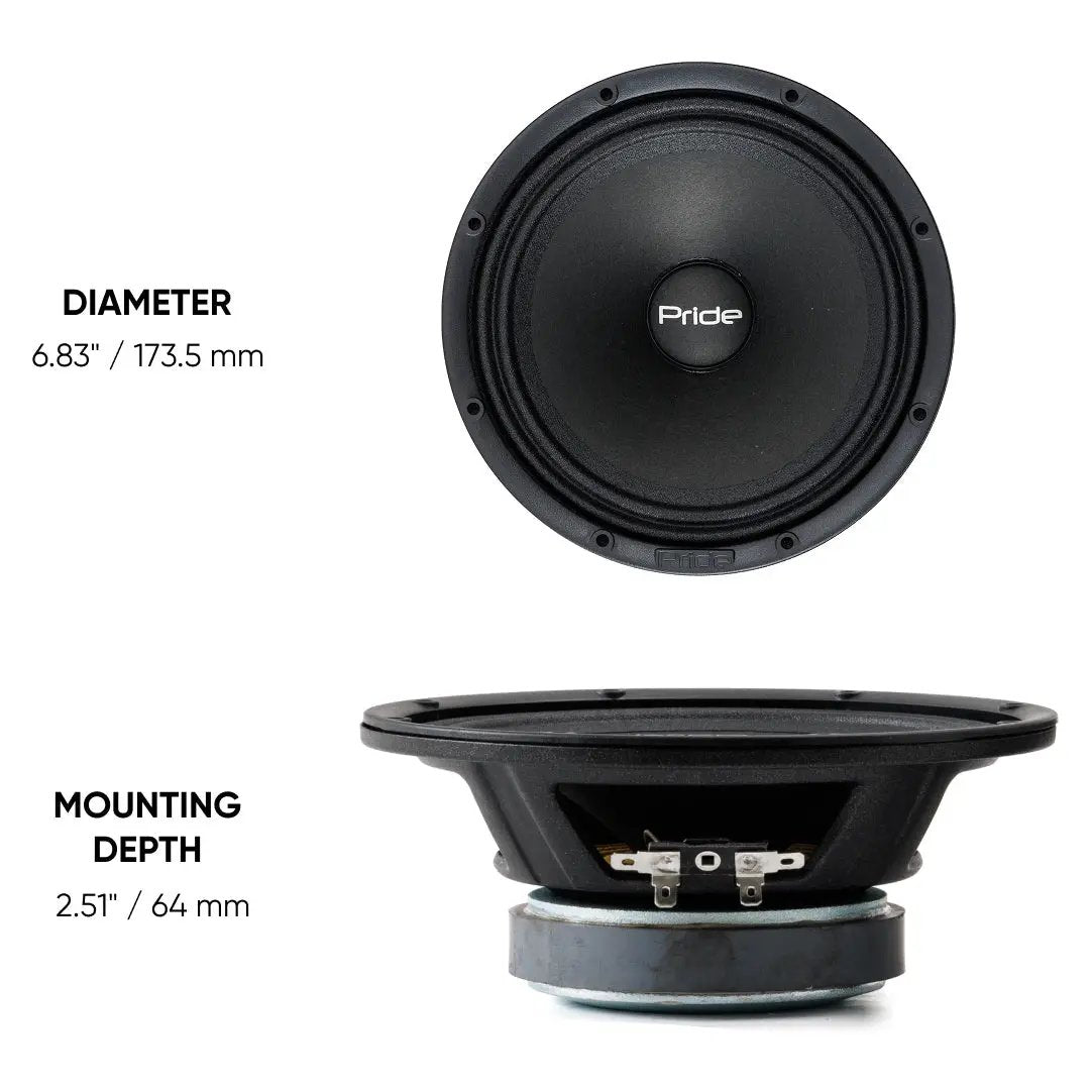 Speaker dimension graphic showing a 173.5 mm diameter and 64 mm mounting depth