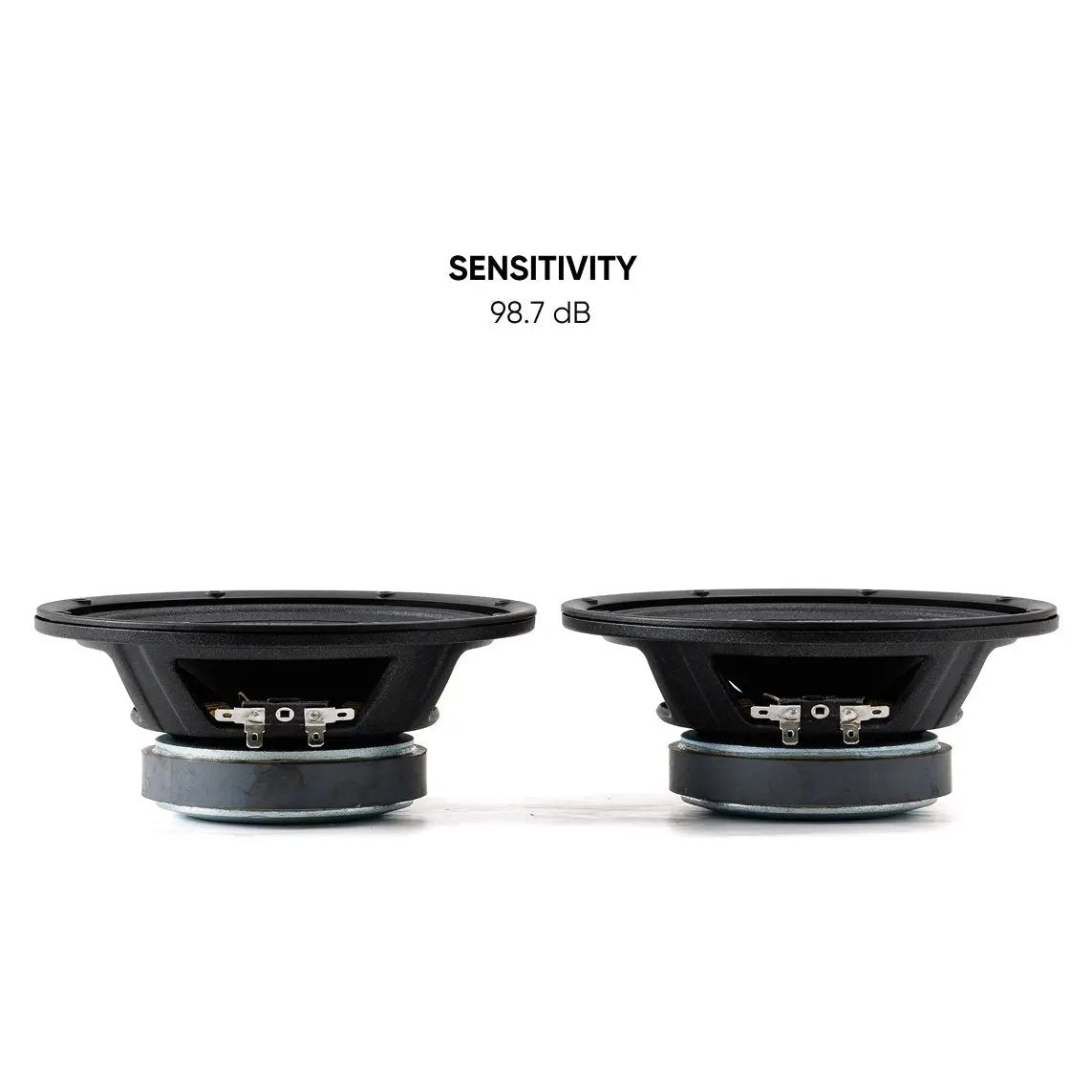 Side views of two Pride speakers with a 98.7 dB sensitivity callout