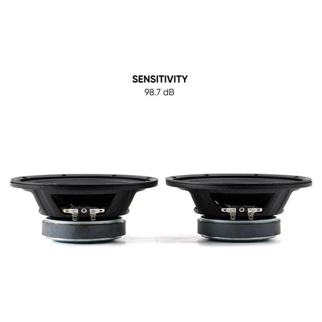 Side views of two Pride speakers with a 98.7 dB sensitivity callout