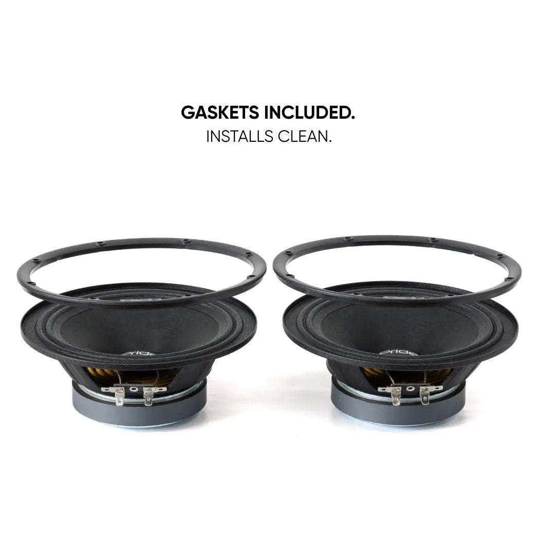 Pride speaker pair with removable gaskets shown above the cones and identified as included