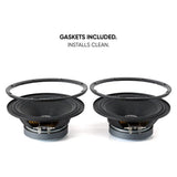 Pride speaker pair with removable gaskets shown above the cones and identified as included