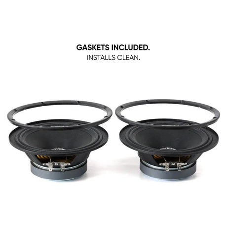 Pride speaker pair with removable gaskets shown above the cones and identified as included