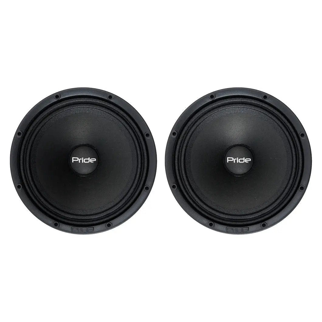 Front view of two black Pride speakers