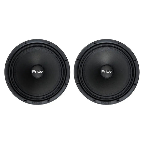 Front view of two black Pride speakers