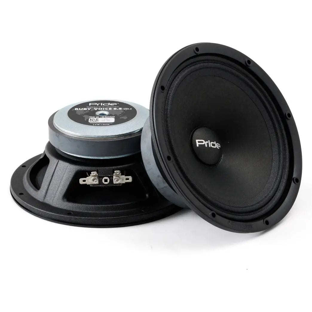 Front and rear views of Pride Ruby Voice 6.5 version 2 speakers