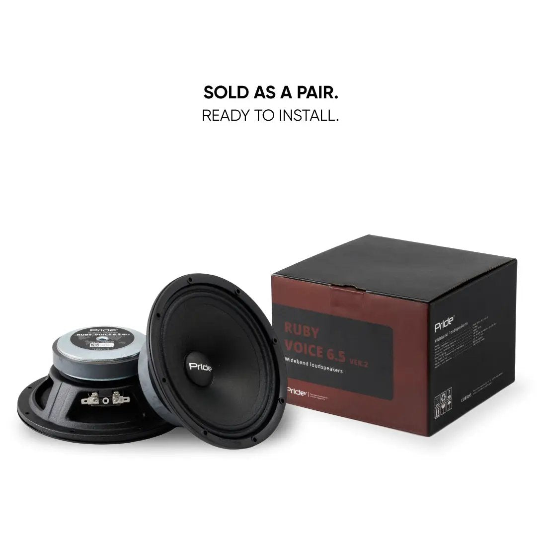 Pride Ruby Voice speaker pair beside its box with a sold-as-a-pair message