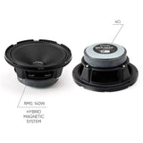 Pride Solo 140 speaker graphic identifying 140 W RMS, 4-ohm impedance and a hybrid magnetic system