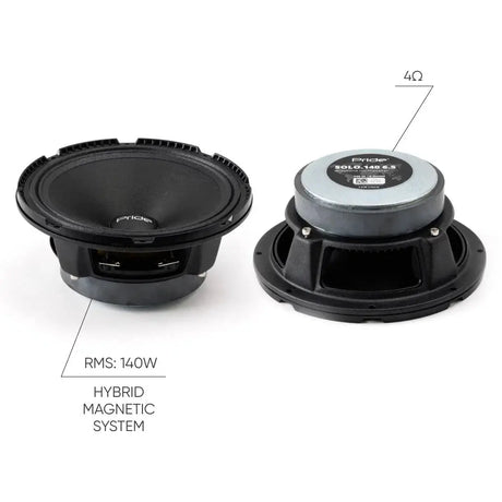 Pride Solo 140 speaker graphic identifying 140 W RMS, 4-ohm impedance and a hybrid magnetic system