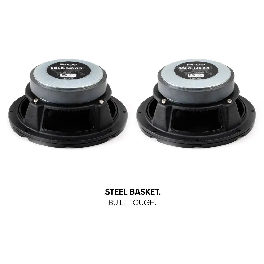Rear angled view of a Pride speaker pair highlighting steel-basket construction
