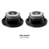 Rear angled view of a Pride speaker pair highlighting steel-basket construction