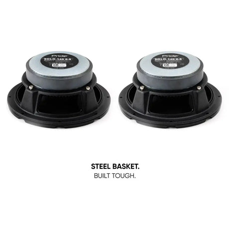 Rear angled view of a Pride speaker pair highlighting steel-basket construction