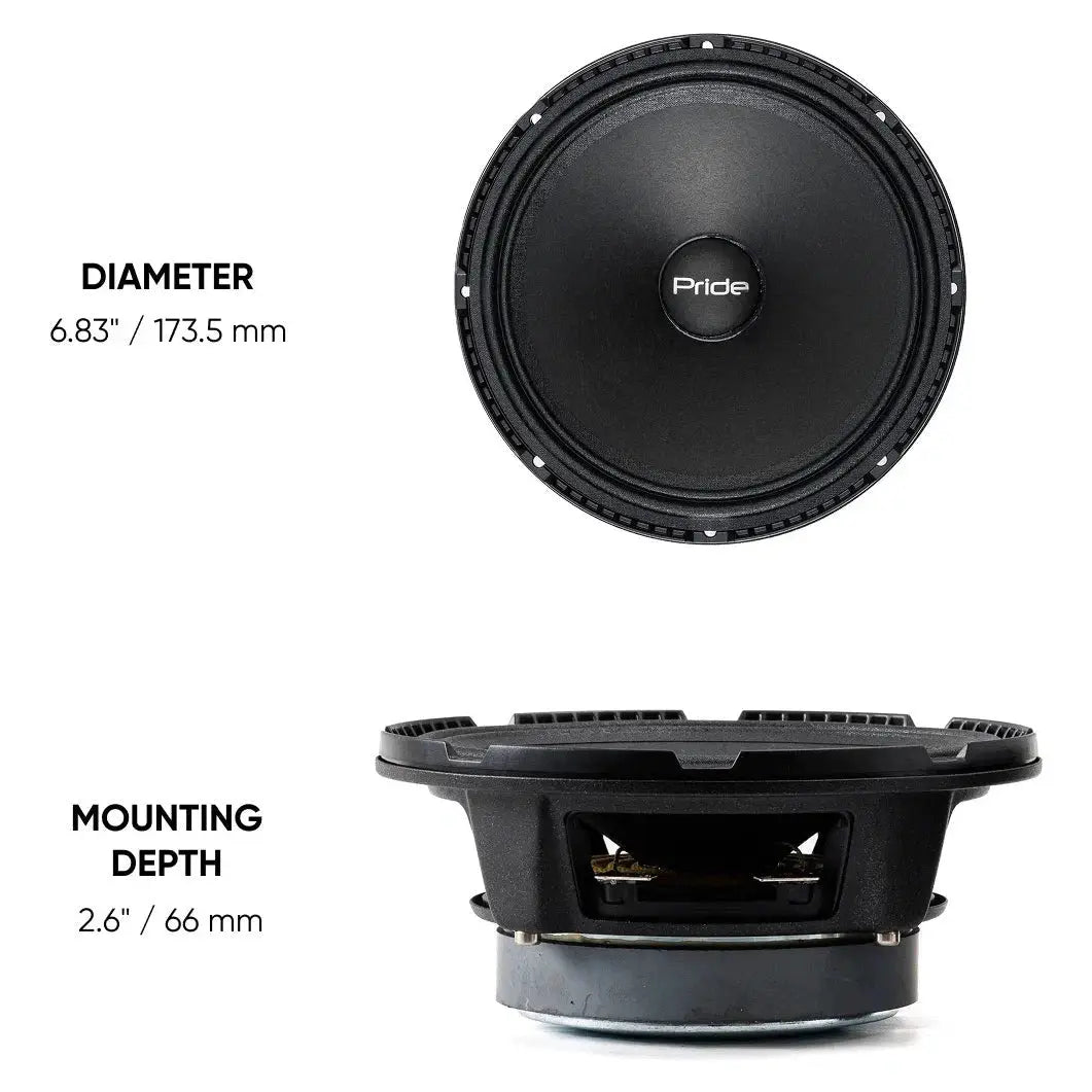 Speaker dimension graphic showing a 173.5 mm diameter and 66 mm mounting depth
