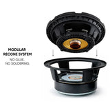Exploded speaker recone graphic showing a removable cone module with no glue or soldering required