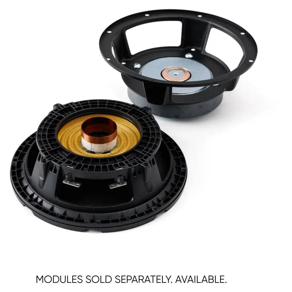 Speaker basket and cone module separated, with replacement modules identified as sold separately