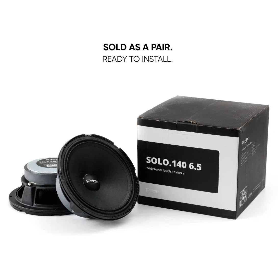 Pride Solo 140 6.5 speaker pair beside the labeled black retail box