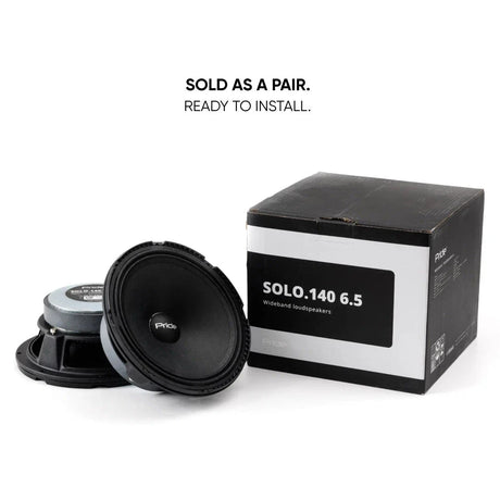 Pride Solo 140 6.5 speaker pair beside the labeled black retail box