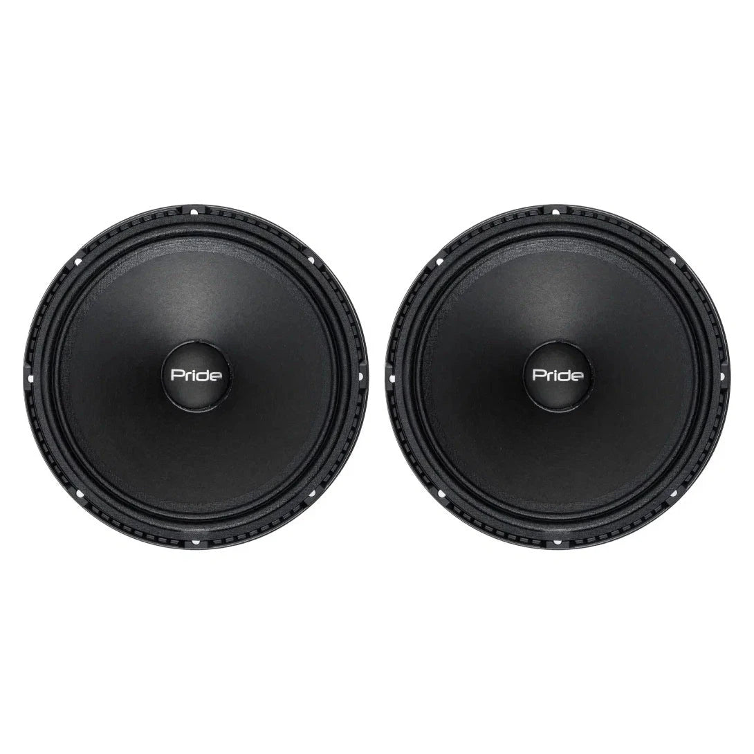 Front view of two black Pride speakers with ridged mounting rims