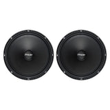 Front view of two black Pride speakers with ridged mounting rims