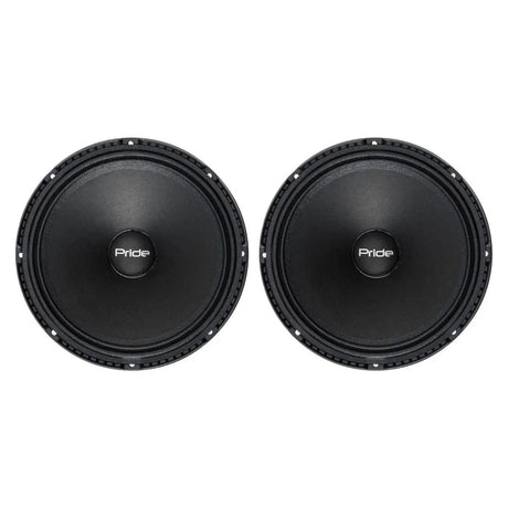 Front view of two black Pride speakers with ridged mounting rims