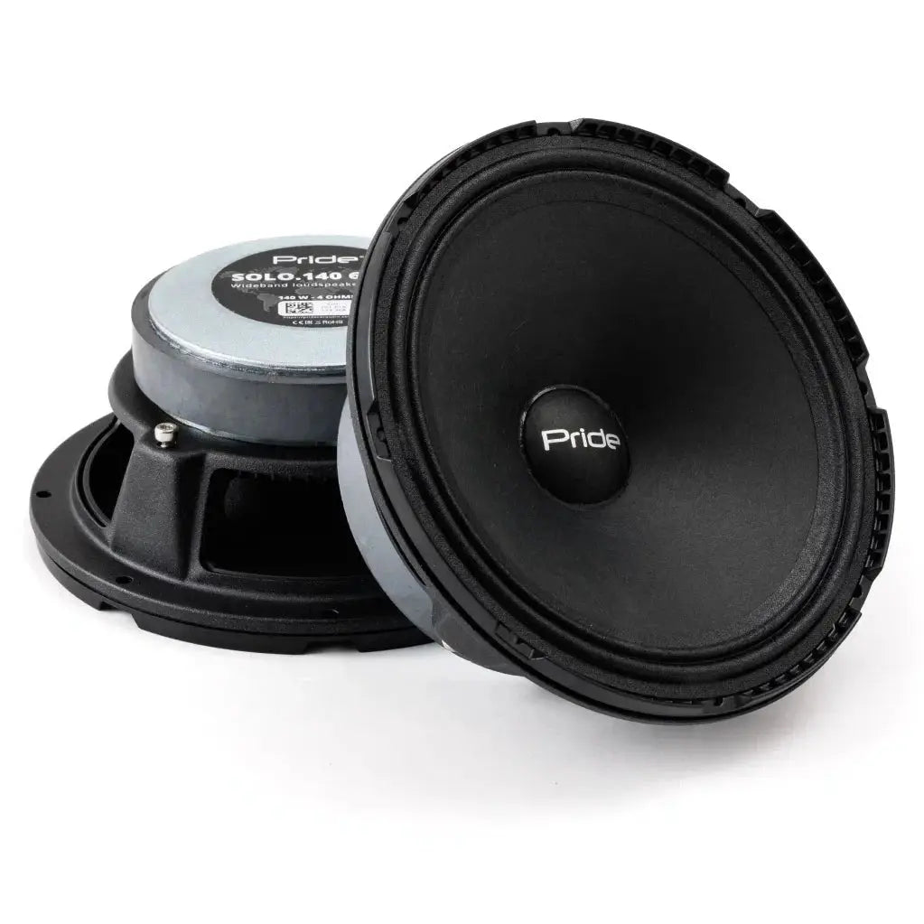 Pride Solo 140 speakers shown from the front and rear, with black cones and labeled magnets