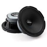 Pride Solo 140 speakers shown from the front and rear, with black cones and labeled magnets