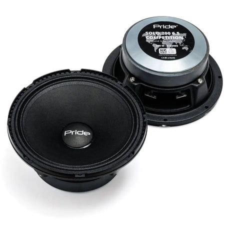 Pride Solo 200 6.5 Competition speakers showing the black cone and labeled rear magnet