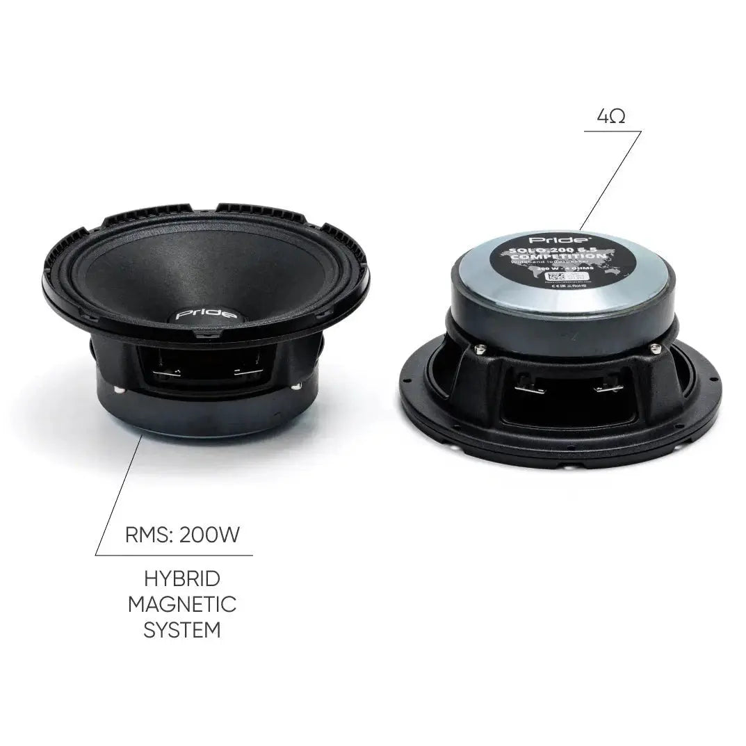 Pride Solo 200 speaker graphic identifying 200 W RMS, 4-ohm impedance and a hybrid magnetic system