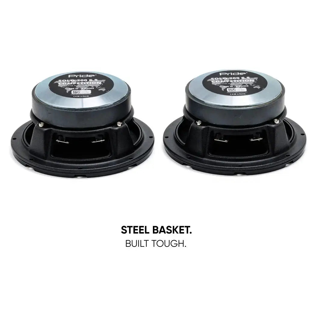 Rear view of a Pride Solo 200 6.5 speaker pair, highlighting the steel baskets