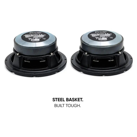 Rear view of a Pride Solo 200 6.5 speaker pair, highlighting the steel baskets