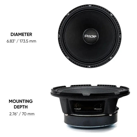 Pride Solo 200 front and side views labeled 173.5 mm diameter and 70 mm mounting depth