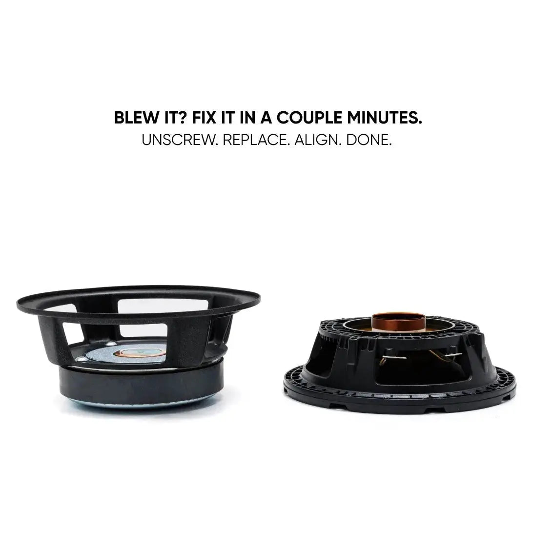 Speaker recone graphic showing separated basket and cone module with unscrew, replace and align steps