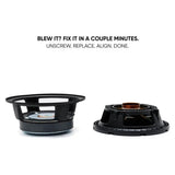 Speaker recone graphic showing separated basket and cone module with unscrew, replace and align steps
