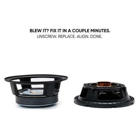 Speaker recone graphic showing separated basket and cone module with unscrew, replace and align steps