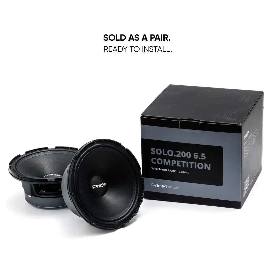 Pride Solo 200 6.5 Competition speaker pair beside its box, with a sold-as-a-pair message