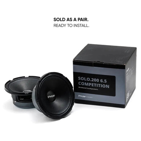 Pride Solo 200 6.5 Competition speaker pair beside its box, with a sold-as-a-pair message