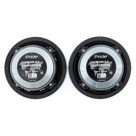 Rear view of two Pride Solo 200 6.5 Competition speakers with their model labels visible