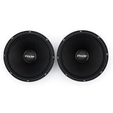 Front view of a pair of black Pride speakers with logo dust caps