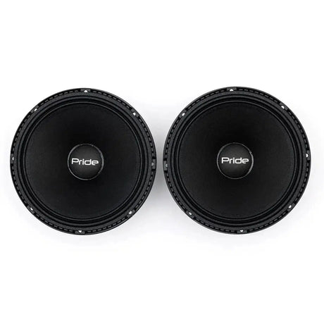 Front view of a pair of black Pride speakers with logo dust caps