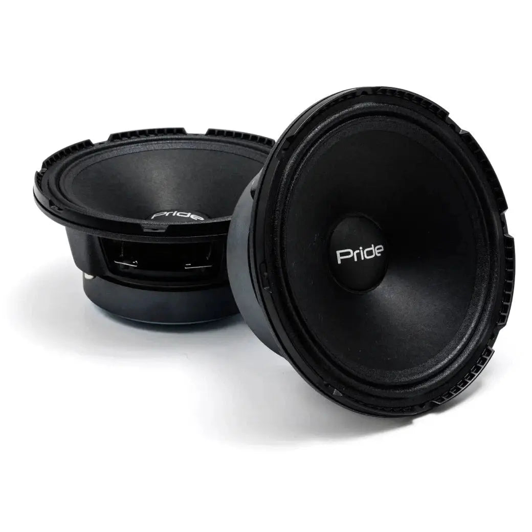 Two black Pride speakers shown at front angles