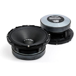 Pride Solo 300 Competition speaker pair, angled cone and rear-magnet views