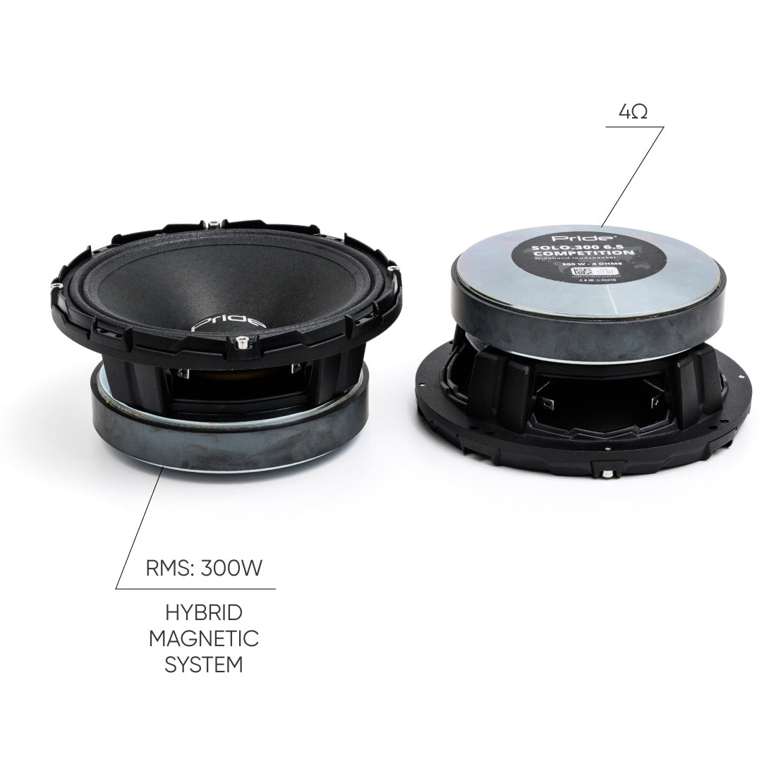 Pride speaker front and rear views with callouts for 300 watts RMS, 4 ohms and a hybrid magnetic system