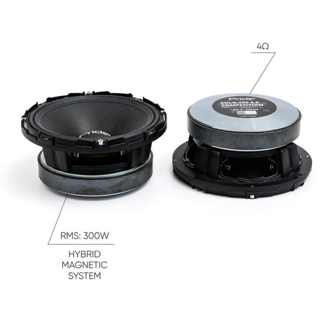 Pride speaker front and rear views with callouts for 300 watts RMS, 4 ohms and a hybrid magnetic system