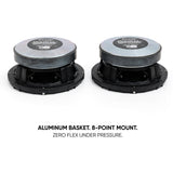 Rear view of Pride Solo 300 6.5 speakers, highlighting the aluminum baskets and eight-point mounting